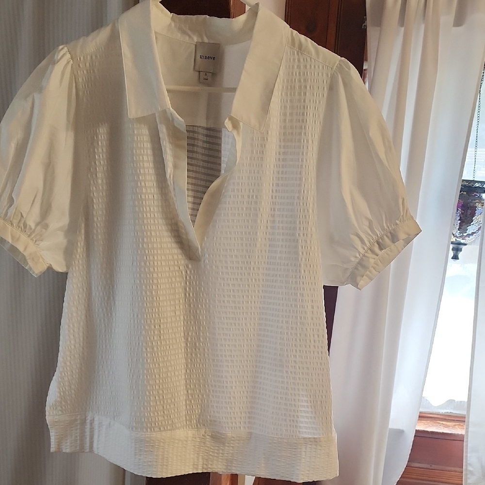Maeve White Textured Puff Sleeve Blouse